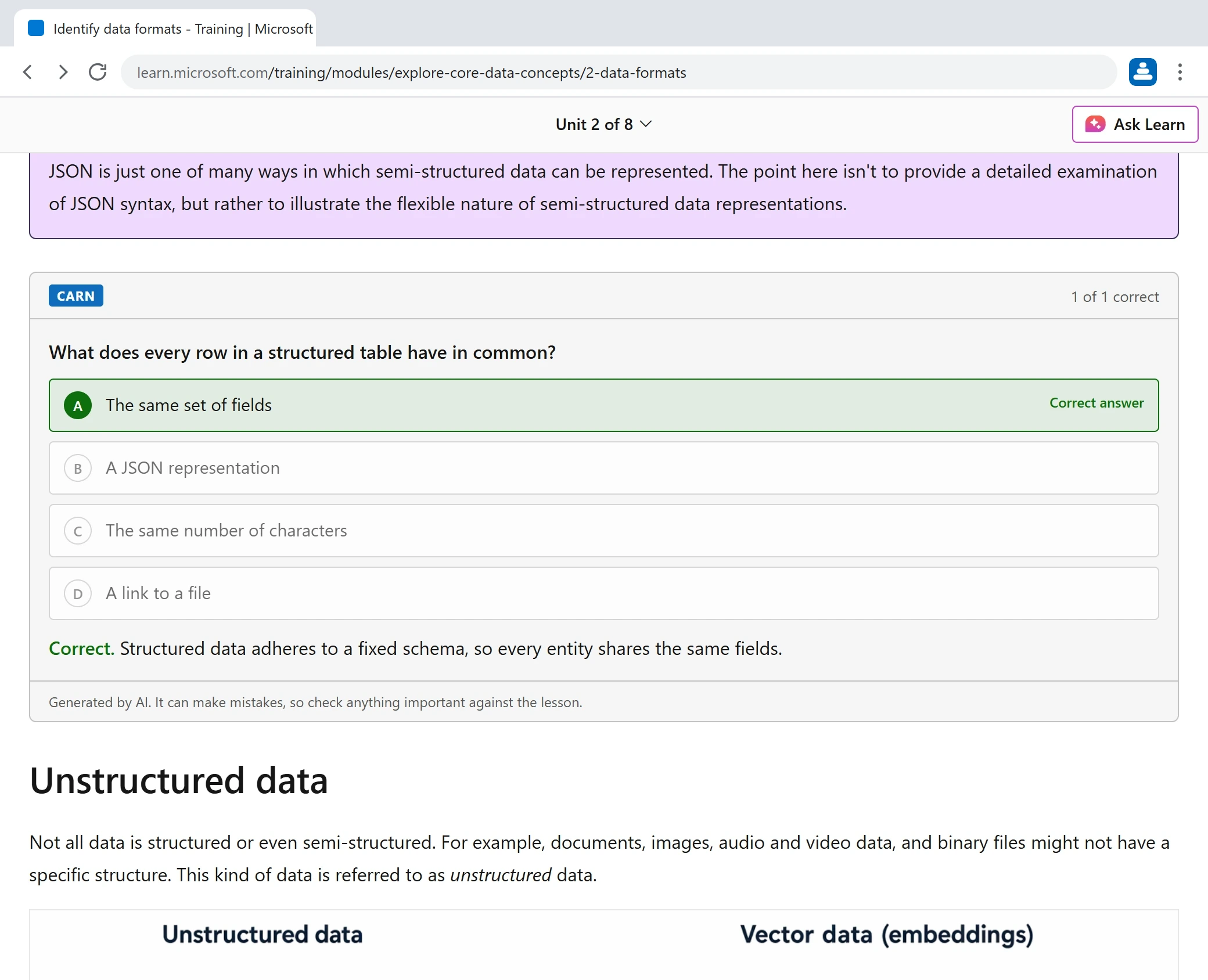A Microsoft Learn unit in a browser. After a section, a Carn checkpoint asks what every row in a structured table has in common. The right answer is marked, with a one-line explanation.