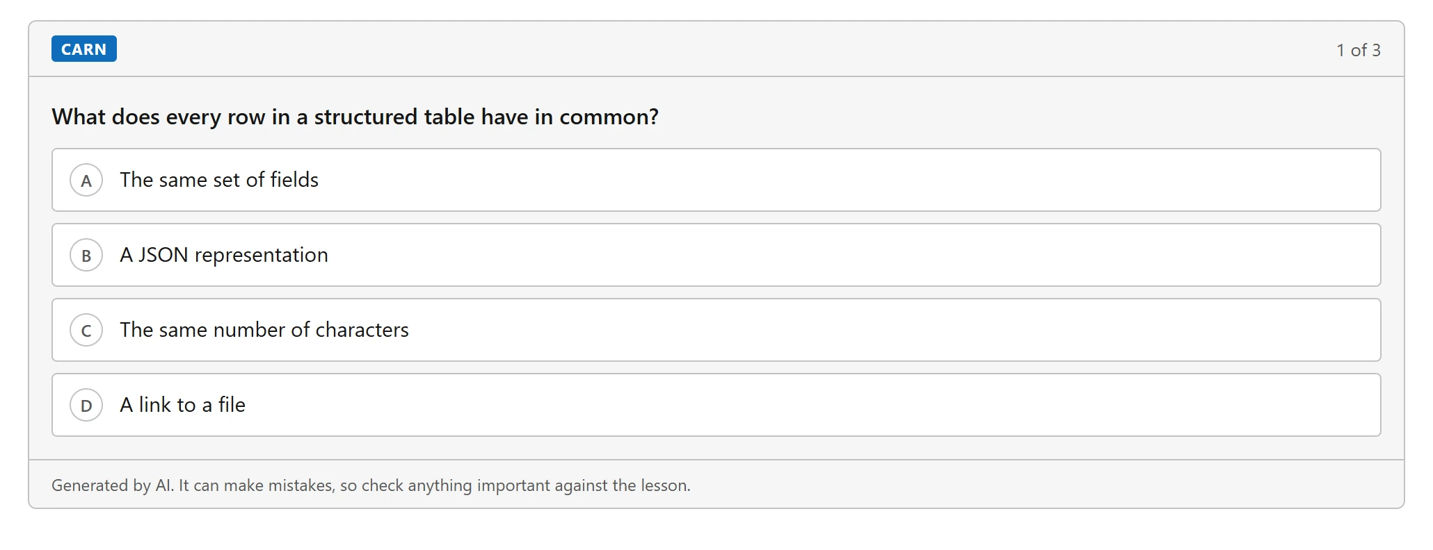 A Carn checkpoint inside a Microsoft Learn lesson, with four answer options and no answer chosen yet.