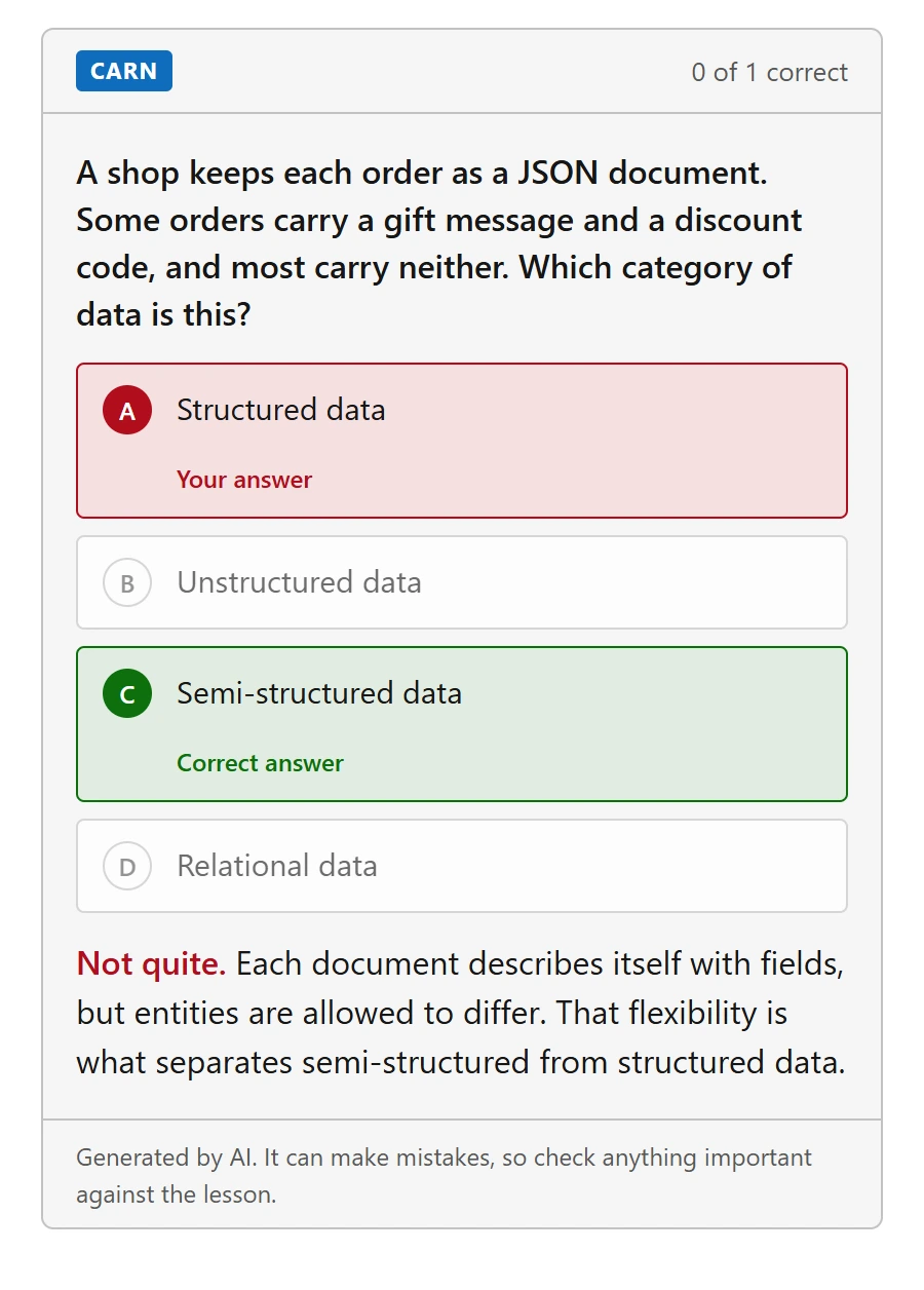 A Carn checkpoint after a wrong answer, with the right option highlighted and a short explanation.